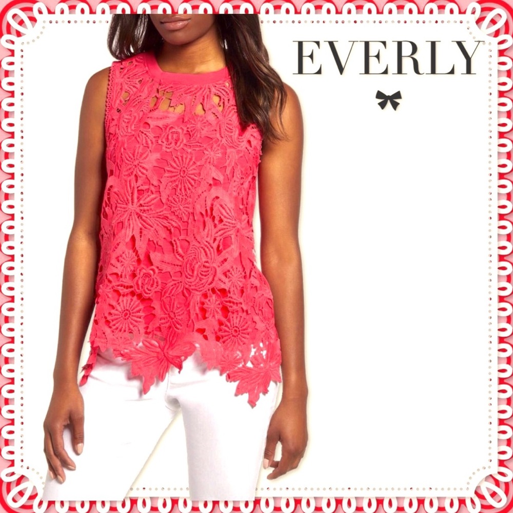 🆕 Pink Coral EVERLY From Nordstroms Embroidered Lace Front Top NWT